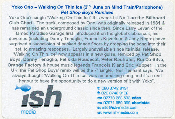 Yoko Ono : Walking On Thin Ice (12", Promo, W/Lbl)