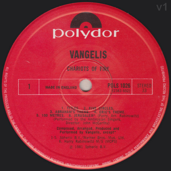Vangelis : Chariots Of Fire (LP, Album, RE)