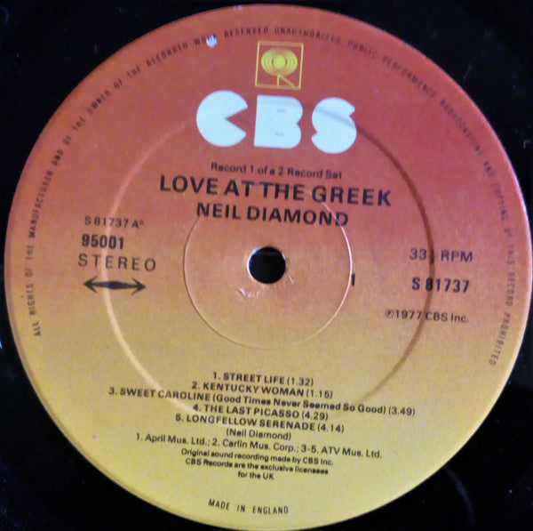 Neil Diamond : Love At The Greek (Recorded Live At The Greek Theatre, Los Angeles) (2xLP, Album, Gat)