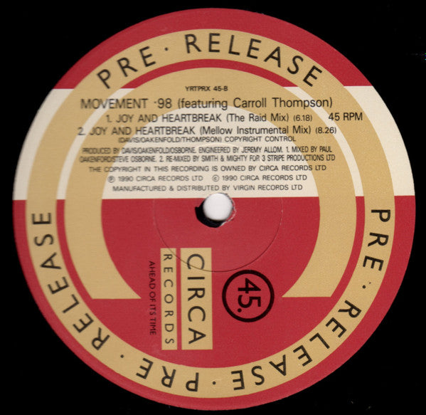 Movement 98 Featuring Carroll Thompson : Joy And Heartbreak (2x12", Promo, Gat)