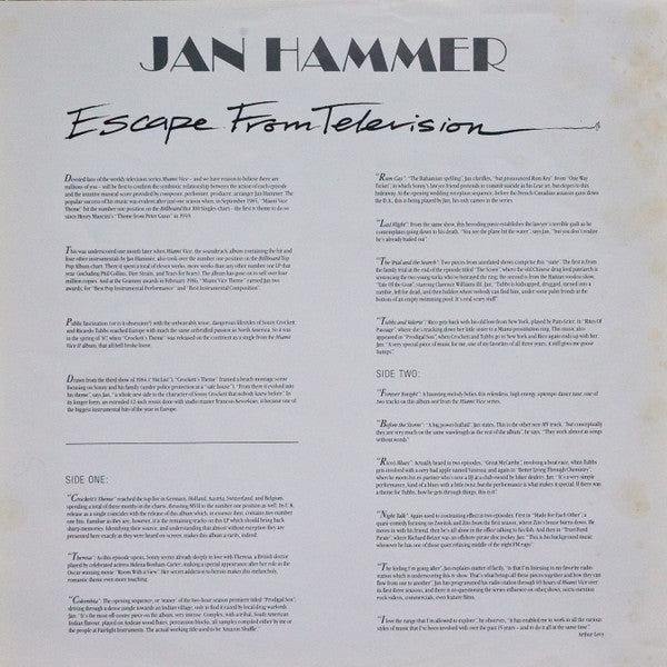 Jan Hammer : Escape From Television (LP, Album, Lin)