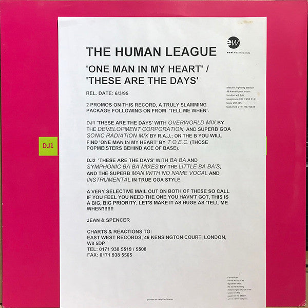 The Human League : One Man In My Heart (12", Promo, DJ1)