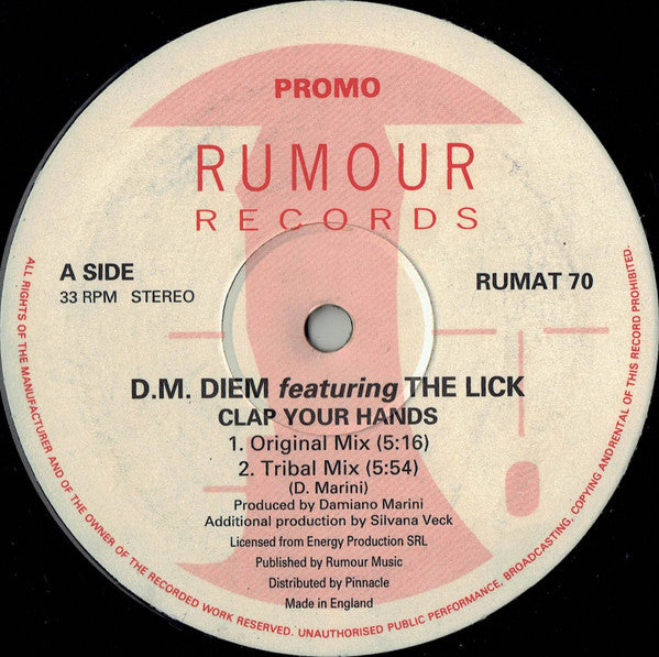 D M Diem Featuring The Lick : Clap Your Hands (12", Promo)