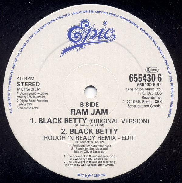 Ram Jam : Black Betty (Rough 'N' Ready Remix) (12")