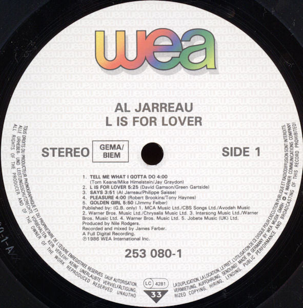 Al Jarreau : L Is For Lover (LP, Album, Son)