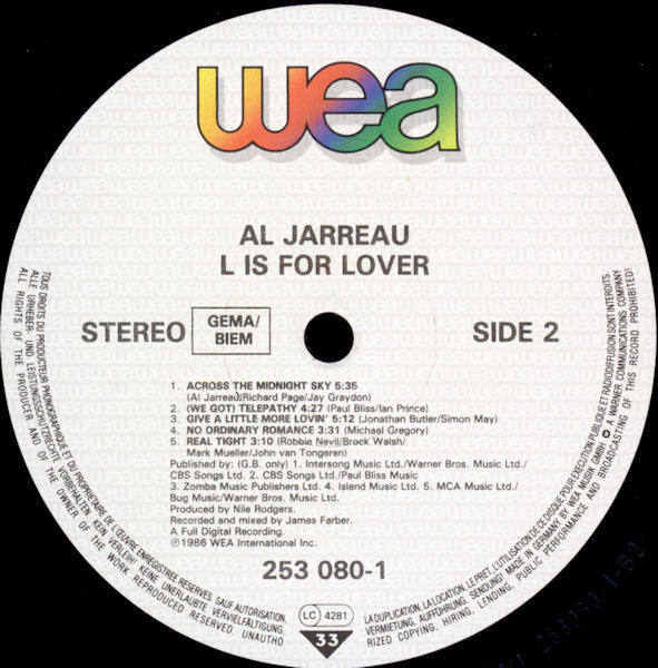 Al Jarreau : L Is For Lover (LP, Album, Son)