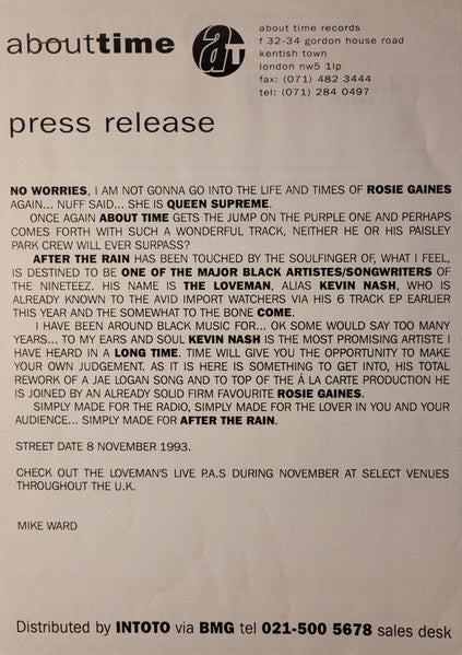 Rosie Gaines Introducing Kevin 'Loveman' Nash : After The Rain / One More Night (12")