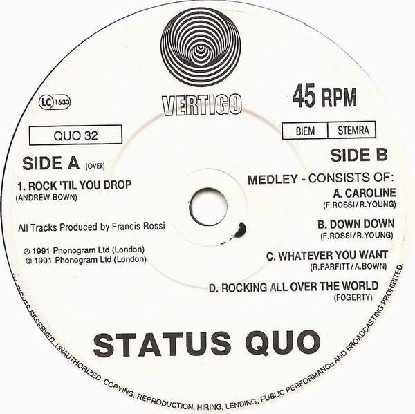 Status Quo : Rock 'Til You Drop (7", Single)