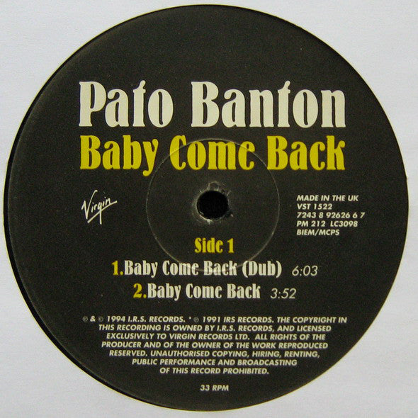 Pato Banton Featuring Ali Campbell And Robin Campbell : Baby Come Back (12", Single)