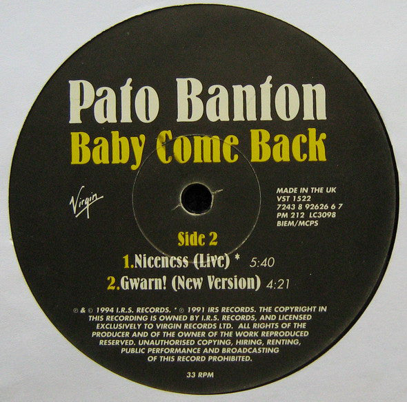 Pato Banton Featuring Ali Campbell And Robin Campbell : Baby Come Back (12", Single)