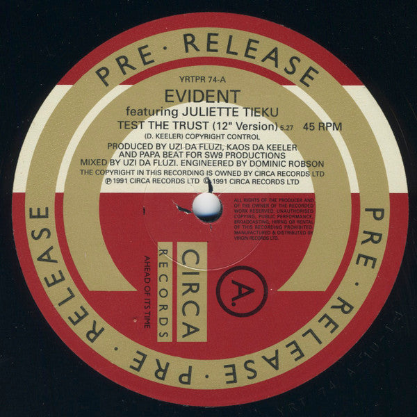 Evident Featuring Juliette Tieku : Test The Trust (12", Promo)
