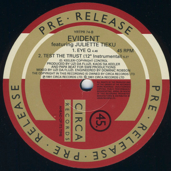 Evident Featuring Juliette Tieku : Test The Trust (12", Promo)