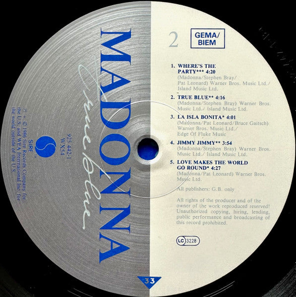 Madonna : True Blue (LP, Album, R/S)