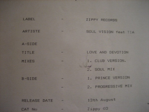 Soul Vision (2) Feat. Tia (12) : Love And Devotion (12", Promo, W/Lbl)