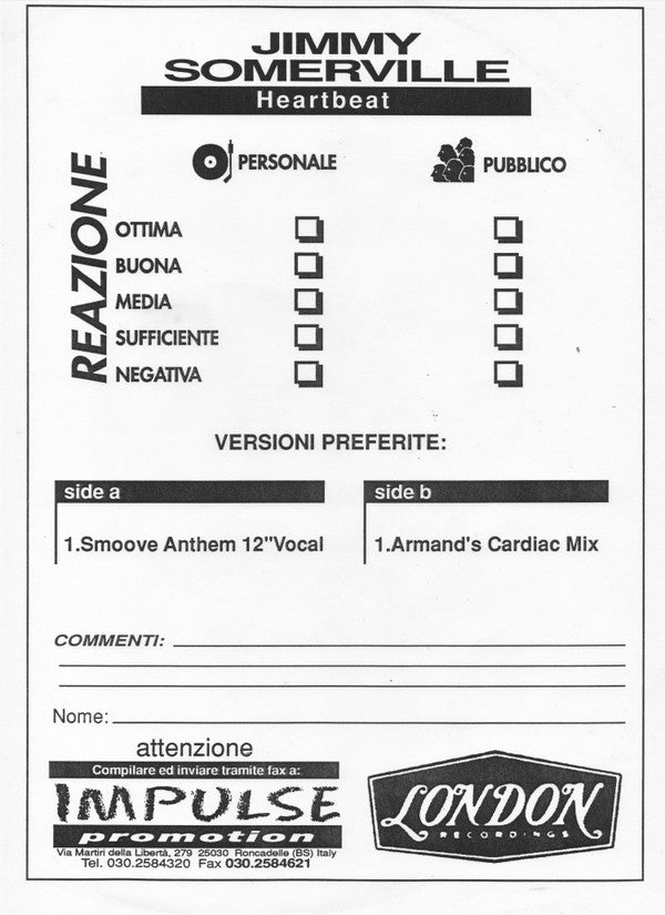 Jimmy Somerville : Heartbeat (U.S. Remixes) (12", Promo)