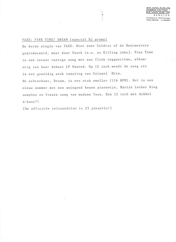 Yazz : Fine Time (12", Promo)