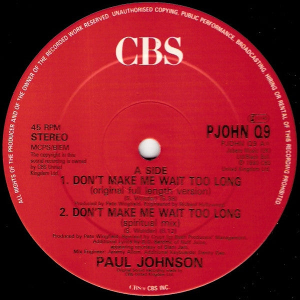Paul Johnson (2) : Don't Make Me Wait Too Long (12")