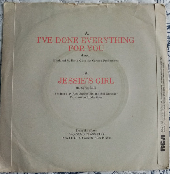 Rick Springfield : I've Done Everything For You (7", Single, MP)