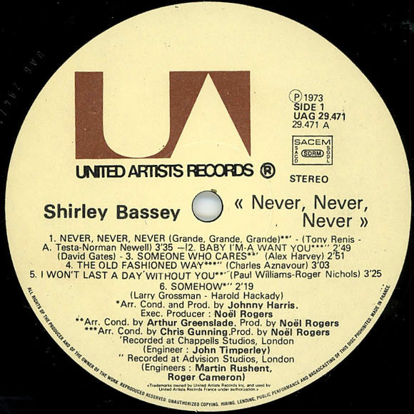 Shirley Bassey : Never Never Never (LP, Album, Gat)