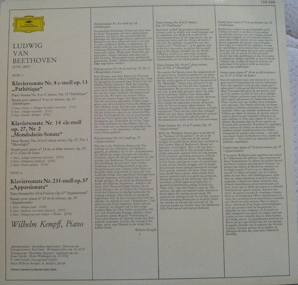 Beethoven* · Wilhelm Kempff : Sonaten  Pathétique / Mondschein = Moonlight / Appassionata (LP, RE)