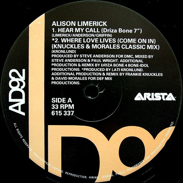 Alison Limerick : Hear My Call / Where Love Lives (DMC Mastercut) (12")