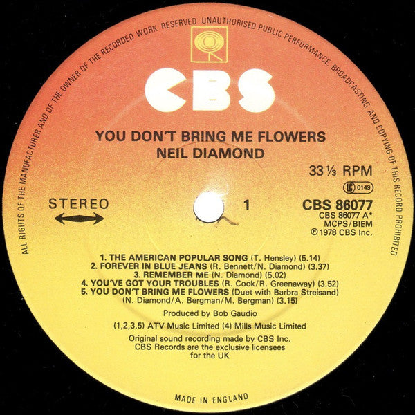 Neil Diamond : You Don't Bring Me Flowers (LP, Album)