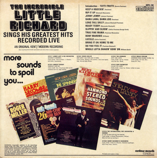 Little Richard : The Incredible Little Richard Sings His Greatest Hits Recorded Live (LP, Album, RE)