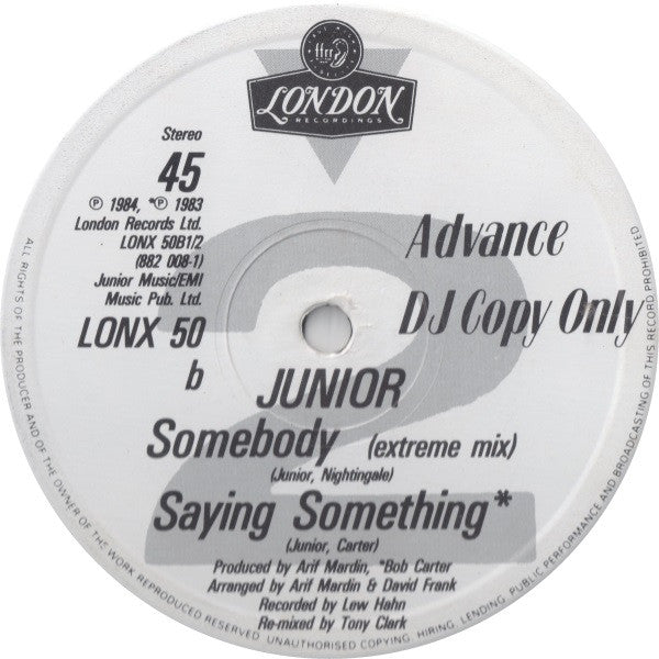 Junior (2) : Somebody (12", Advance, DJ )