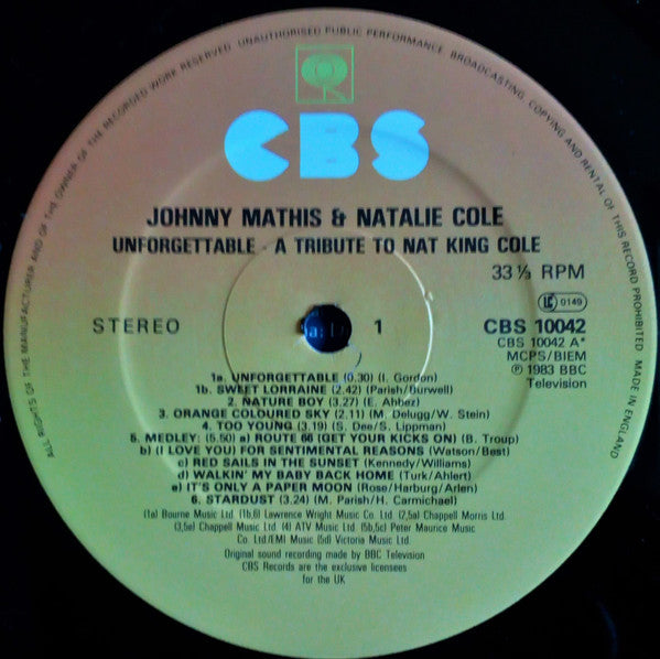 Johnny Mathis And Natalie Cole : Unforgettable: A Musical Tribute To Nat King Cole (LP, Album)