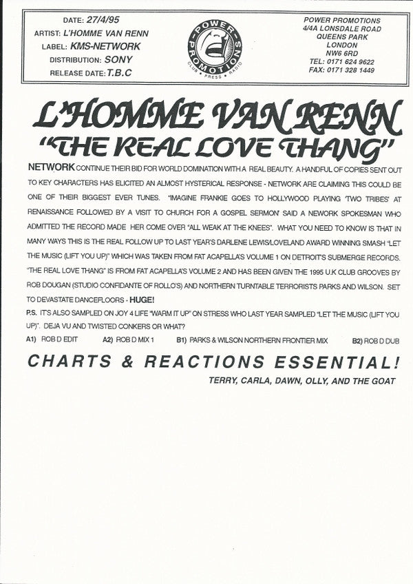 L'Homme Van Renn : The Real Love Thang (12", Promo, W/Lbl)