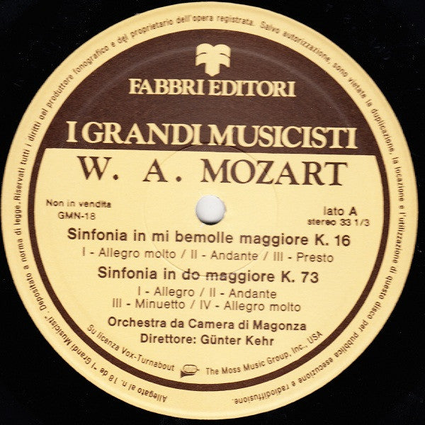 Mozart*, Orchestra Da Camera Di Magonza*, Günter Kehr : Sinfonie K.16, K.73, K.130, K.162 (LP, Comp, RE)