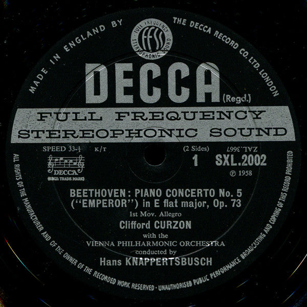 Clifford Curzon, Ludwig van Beethoven, Wiener Philharmoniker, Hans Knappertsbusch : Concerto No. 5 In E Flat Major For Piano And Orchestra Opus 73 (''Emperor'') (LP, RP, ED2)