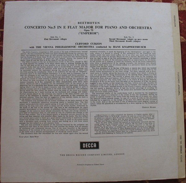 Clifford Curzon, Ludwig van Beethoven, Wiener Philharmoniker, Hans Knappertsbusch : Concerto No. 5 In E Flat Major For Piano And Orchestra Opus 73 (''Emperor'') (LP, RP, ED2)