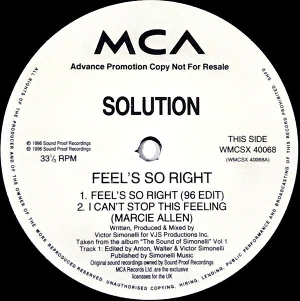 Solution : Feels So Right (JP's Alcatraz Dub & Bonus Beats 96 Edit) (12", Promo)