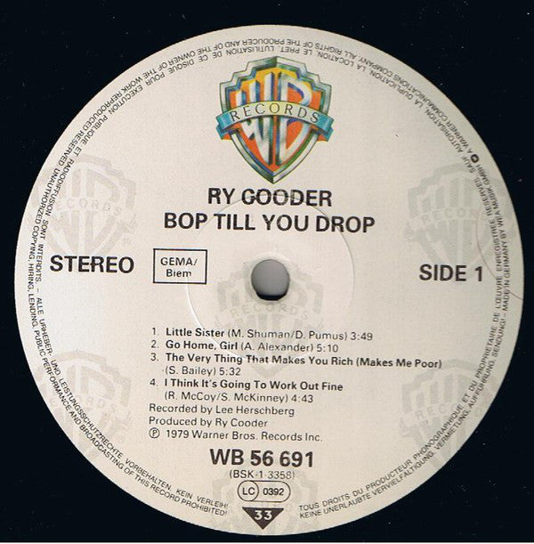 Ry Cooder : Bop Till You Drop (LP, Album, RE)