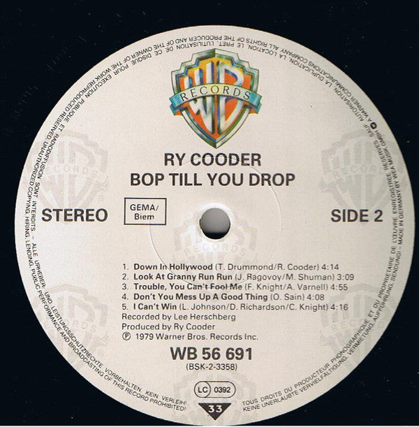 Ry Cooder : Bop Till You Drop (LP, Album, RE)
