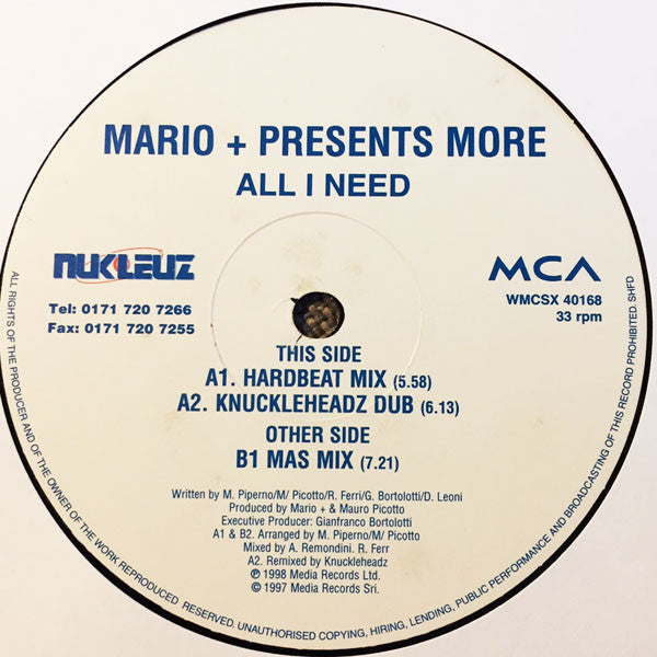 Mario Più Presents More (2) : All I Need (12", Promo)