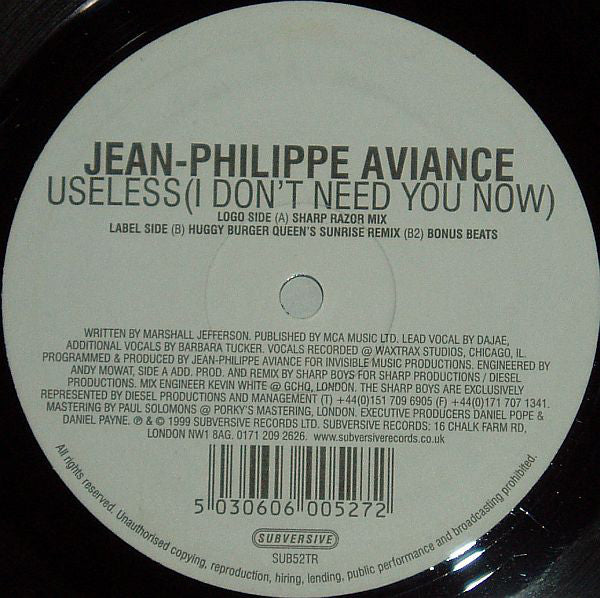 Jean-Philippe Aviance* : Useless (I Don't Need You Now) (12")