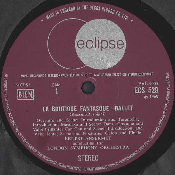 Rossini* / Ravel* / Dukas*, London Symphony*, Paris Conservatoire*, Ernest Ansermet : La Boutique Fantasque (Arr. Respighi) / Bolero / The Sorcerer's Apprentice (LP, Comp, RM, Pur)