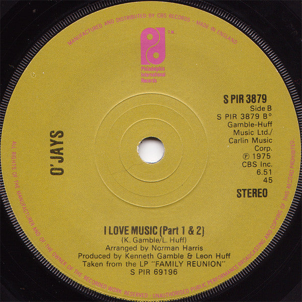The O'Jays : I Love Music (7", Single, Sol)