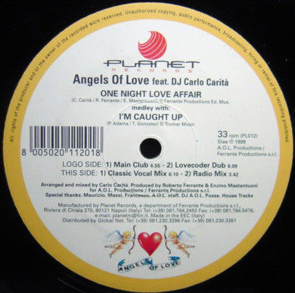 Angels Of Love Feat Carlo Carita : One Night Love Affair (Medley With I'm Caught Up) (12")