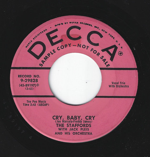The Staffords (2) With Jack Pleis And His Orchestra : Come Back To Me / Cry, Baby, Cry (7", Single, Promo)