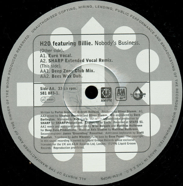 H2O Featuring Billie : Nobody's Business (Original / Sharp / Deep Zone Mixes) (12")