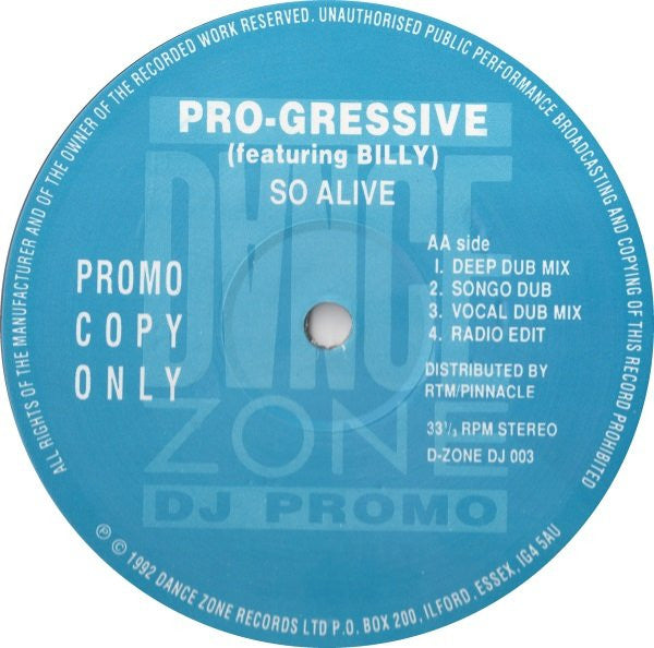 Pro-Gressive Featuring Billy (3) : So Alive (12", Promo)