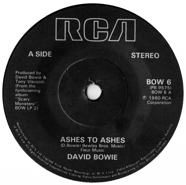 David Bowie : Ashes To Ashes (7", Single, Sol)