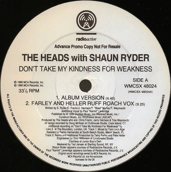 The Heads With Shaun Ryder : Don't Take My Kindness For Weakness (12", Promo)